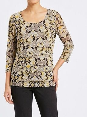 ALFANI Layered Floral Gold Yellow Taupe & Brown Blouse Lined Top